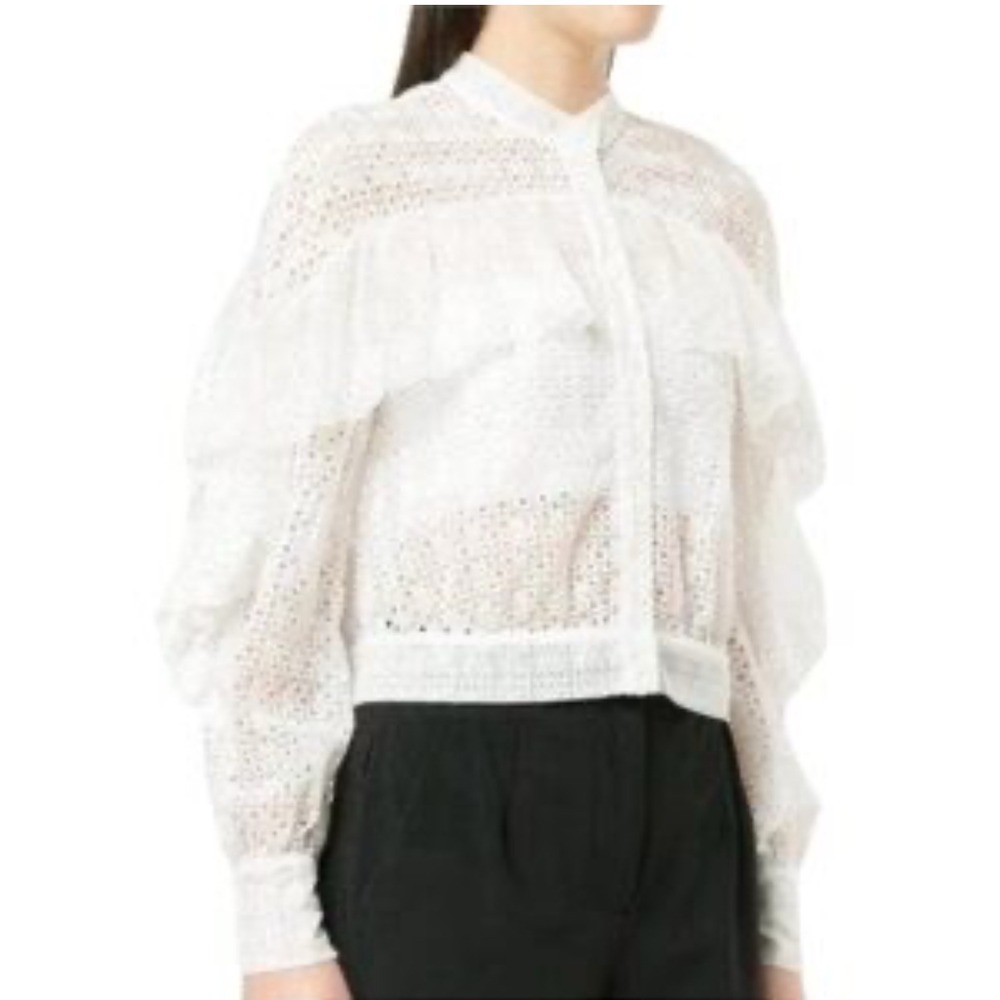 Self-Portrait Womens Lace Eyelet Ruffled Top Sz 4 White Long Sleeve Poly Blend